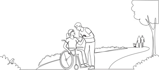 Fototapeta premium woman in wheelchair after car accident and her husband to give encouragement. Mutual care has made people with disabilities equality in society.one line vector drawing