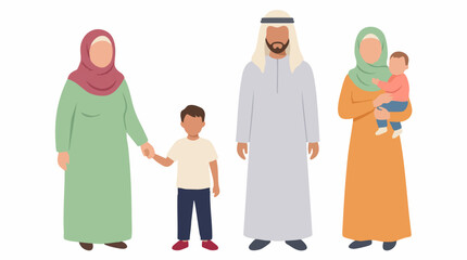 Obraz premium Illustrated Muslim family in traditional attire standing together