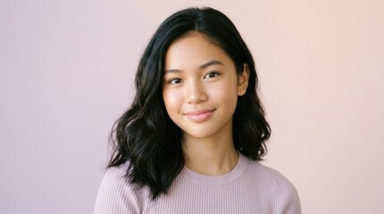 Fototapeta premium A young woman with long black hair wearing a light pink sweater, standing against a pink background.