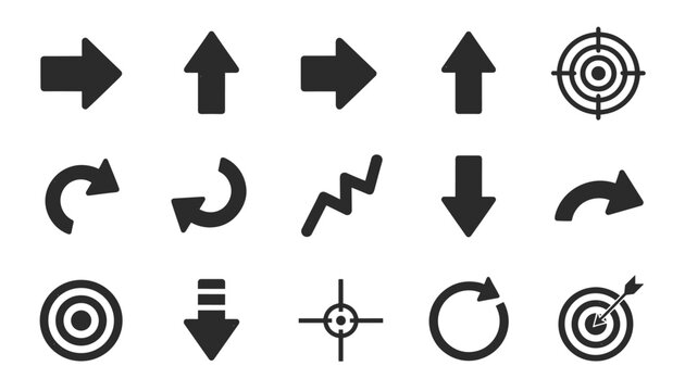 Collection of black vector icons including directional arrows, wavy growth lines, targets and dartboards.