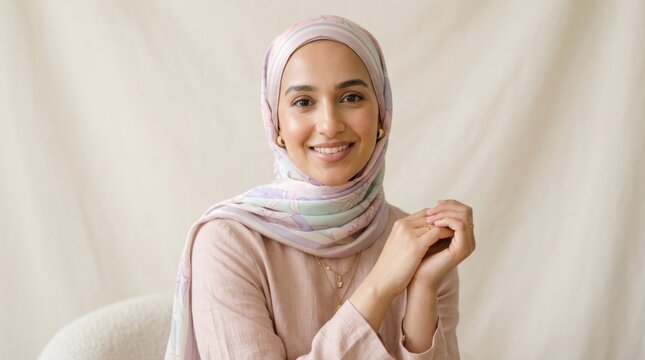A woman wearing a hijab, smiling, and holding her hands together in front of her.