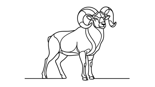 Illustration of a ram with large horns white background.