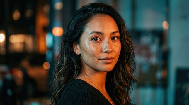 A woman with long, dark hair, wearing a black top, standing in a dimly lit room with a blurred background.
