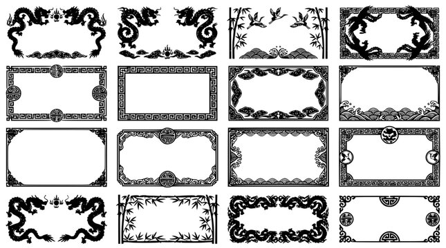 Traditional Chinese Black and White Vector Border Collection with Dragon Crane and Bamboo Ornament Frames