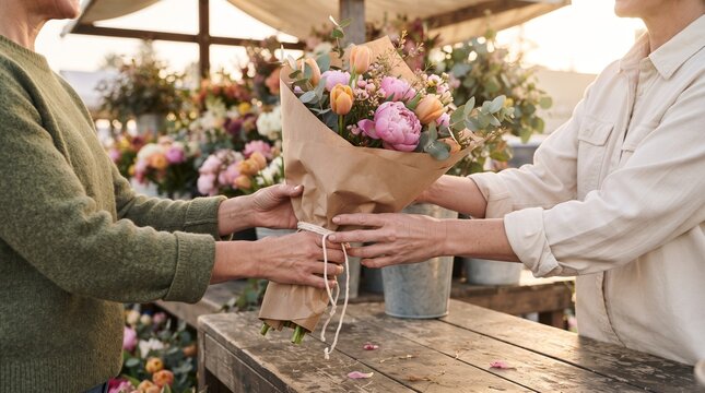 Fresh Flower Bouquet Exchange at Late Afternoon Market Stall