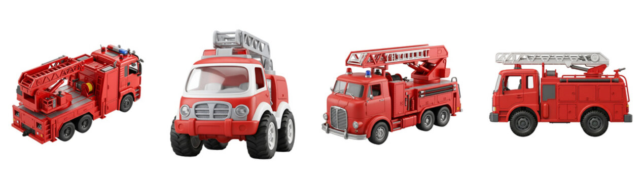 Detailed collection of red fire truck vehicles featuring rotating ladders and emergency sirens displayed as isolated items on transparent background