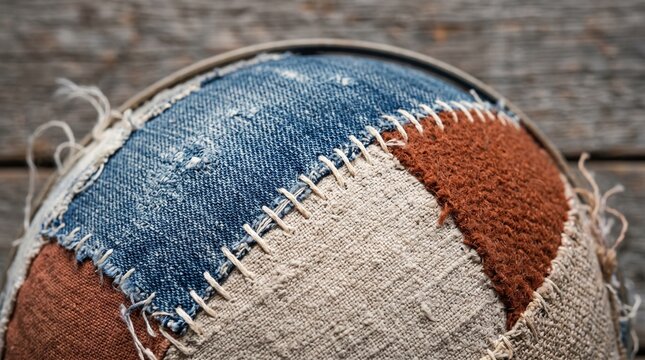 Close view of woven scraps shaping a recycled textile globe