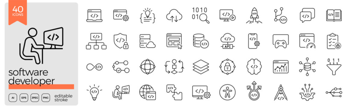 Software development outline icon set. Coding, programming, debugging, testing, deployment, database, API, cloud, frontend, backend, application, developer. Editable stroke. Vector illustration