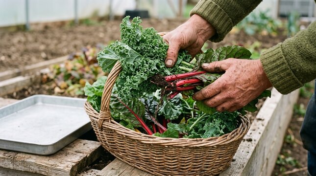 Grower gathers leafy greens for a seasonal vegetable share
