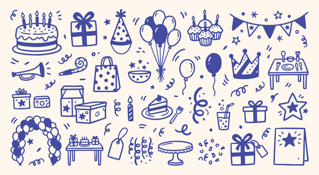 Set of hand-drawn birthday party and celebration doodle icons featuring gifts, cakes, and festive elements