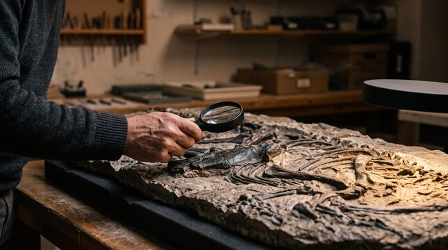 Researcher inspects a dinosaur fossil under raking light