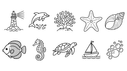 Ocean and Marine Life Flat Line Icons Set on PNG Background, ocean, marine life, sea, sea turtle, turtle, dolphin, fish, seahorse, starfish, sailboat, lighthouse, seashell, shell, coral, seaweed,  © TalalAhmad