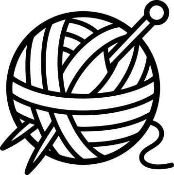 Knitting Icon: Ball of Yarn and Needles - Black and White Line Art