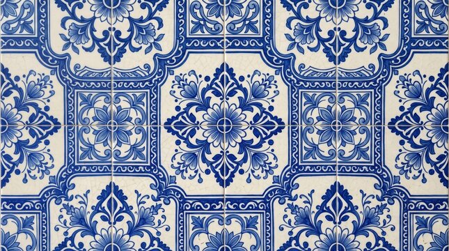 Blue and white ceramic tile pattern. Traditional Mediterranean azulejo wall background.