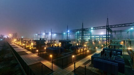 Fototapeta premium High voltage electrical substation illuminated at dusk from elevated angle