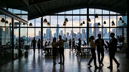 Fototapeta premium Silhouetted business professionals networking in a modern skyscraper office with panoramic city skyline views at sunset