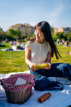 A woman spends time on a picnic