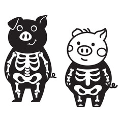 Cute Pig Skeleton Costume Halloween Vector Illustration Set with Black and White Piglets © AbdullahAlMahmud