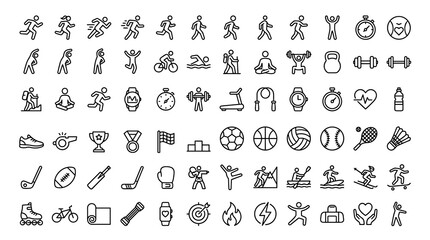 Obraz premium Set of 60 Sports and Active Lifestyle Outline Icons Featuring Running, Fitness, Team Sports, Exercise, and Athletic Equipment Editable Stroke Vector Collection