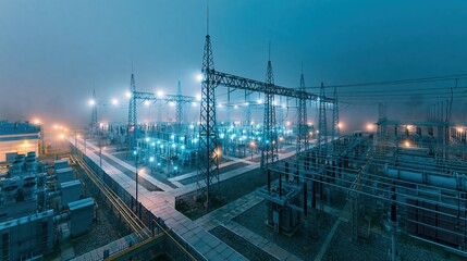 Fototapeta premium High voltage electrical substation illuminated at night with foggy atmosphere