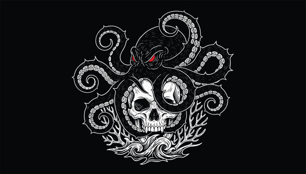 Dark gothic illustration featuring a monstrous black octopus wrapping its tentacles around a human skull.