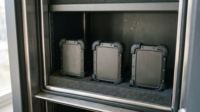 Encrypted backup drives protected in a fireproof safe interior