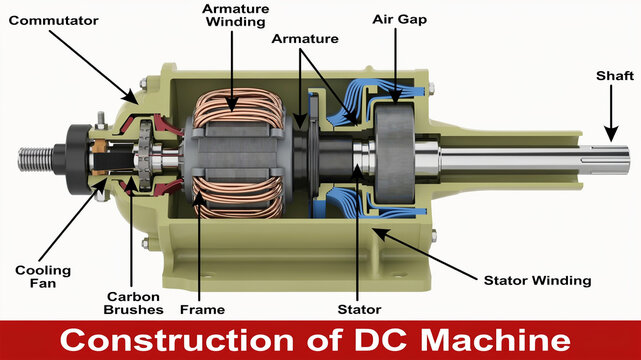 Detailed cross-section illustration of aDC electric motor with labeled components DC motor construction