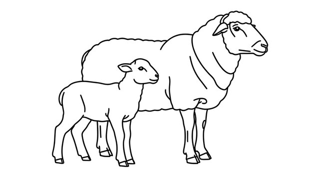 Mother sheep and lamb illustration white background.