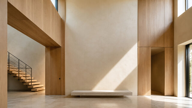 Double Height Luxury Foyer with Clerestory Sunlight and Oak Panels
