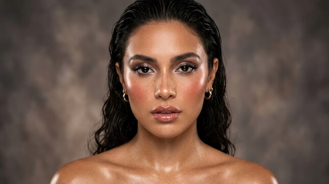 A woman with wet hair, wearing a black top, standing in front of a brown background.