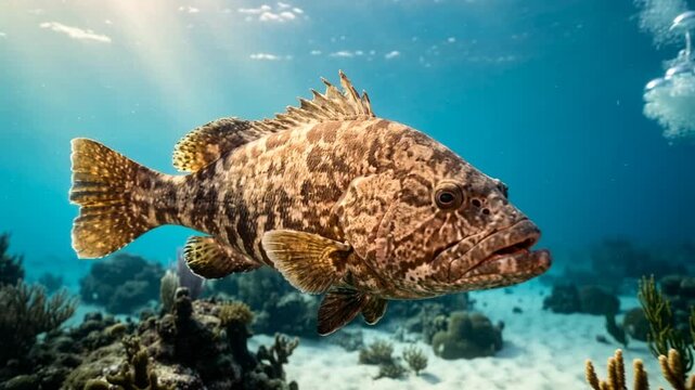 grouper fish underwater close up at morning light in coral reef maldives video