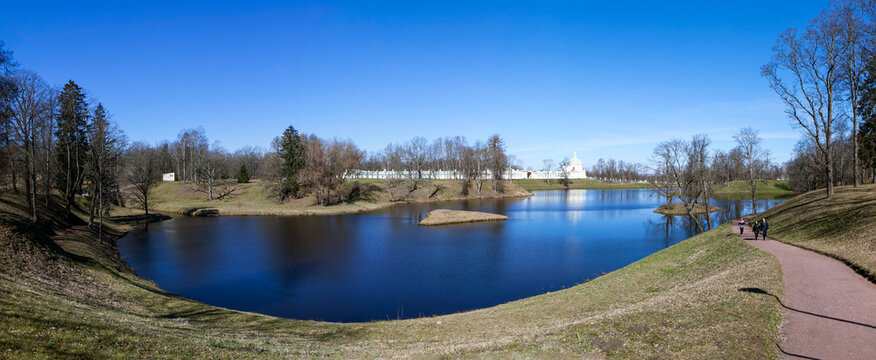 The picturesque lower pond overlooking the Great Menshikov Palace. Upper Park. Oranienbaum. Lomonosov. Saint Petersburg. Russia