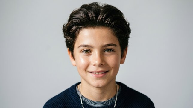 A young boy with brown hair smiling, wearing a blue sweater and a white shirt, standing against a white background.