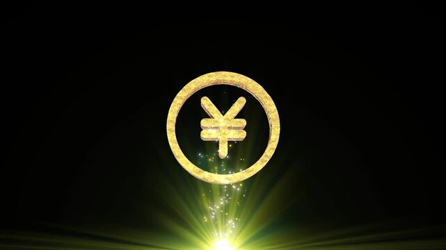 3D Golden Chinese Yuan Symbol Rotating Loop with Neon Glow and Glittering Gold Particles on Black Background.