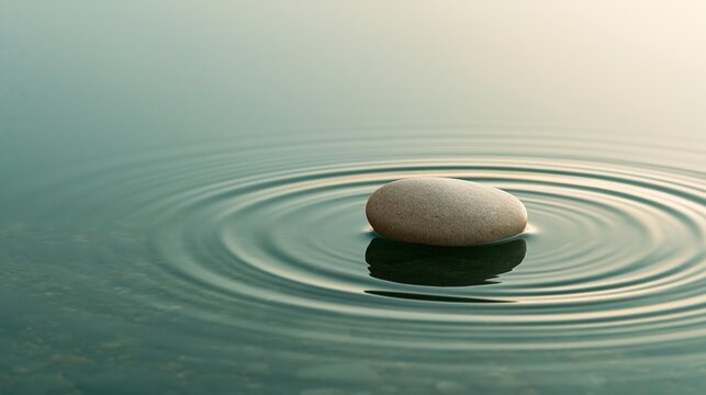 Smooth zen stone in calm green water with golden ripple reflections