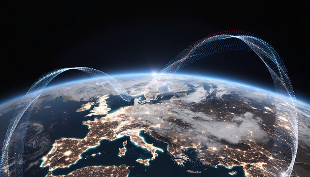 Europe at night with elegant infinity-shaped spirals of glowing digital information wrapping around the continent before extending into global space, sophisticated communication concept, realistic sat