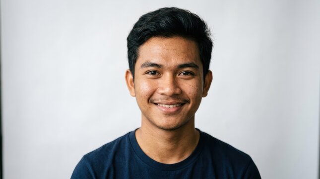 A young man with short black hair, wearing a dark blue t-shirt, standing against a plain white background.