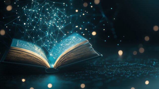 Book Data Visualization An open book icon with glowing lines of code and data points emanating from it, symbolizing the connection between traditional knowledge and digital innovation.