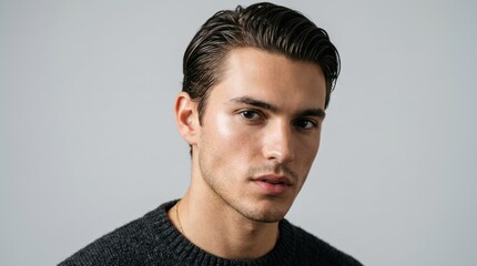Obraz premium A man with slicked-back hair, wearing a dark gray sweater, against a plain white background.