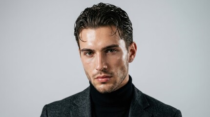 Obraz premium A man with wet hair wearing a black turtleneck and a gray blazer, standing against a plain white background.