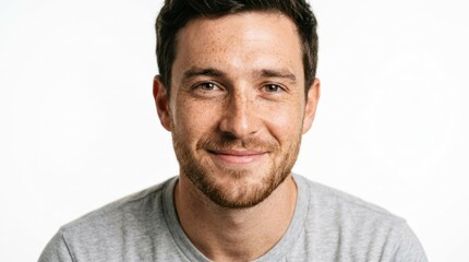 Fototapeta premium A man with short hair and a beard, wearing a gray t-shirt, smiling and looking directly at the camera.