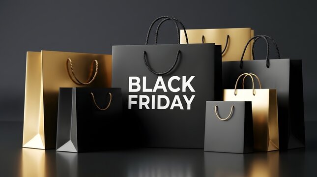 Group of luxury black and gold shopping bags for a black friday sale event promotion