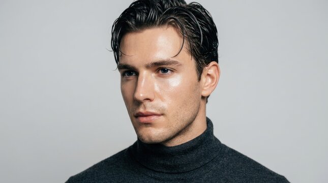 A man with wet hair wearing a dark turtleneck sweater against a white background.