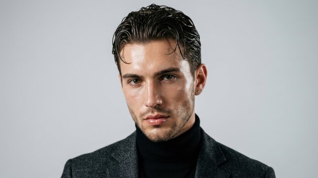 A man with wet hair wearing a black turtleneck and a gray blazer, standing against a plain white background.