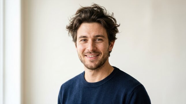 A man in a blue sweater standing in front of a white wall.