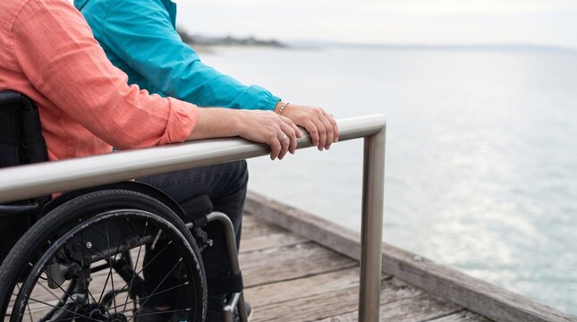 Shared coastal view from an inclusive boardwalk rail