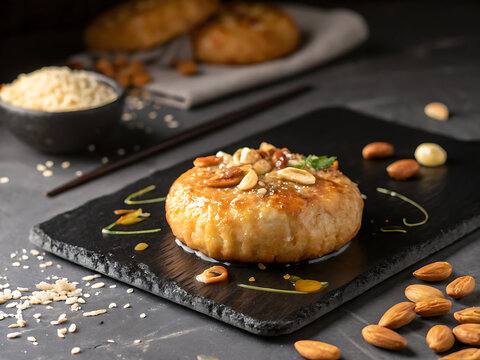 A single Mawa Kachori, crisp golden pastry filled with rich khoya and nuts, lightly glazed with sugar syrup, black slate plate, luxurious fine dining presentation, dramatic lighting