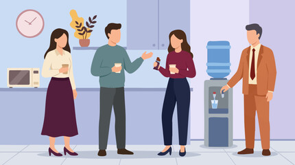 Obraz premium Colleagues on coffee break in office pantry, talking and relaxing