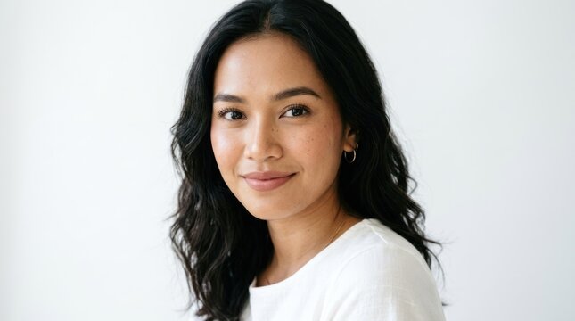 A woman with long, dark hair wearing a white top, standing against a plain white background.