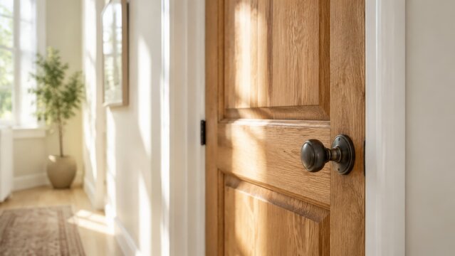 Close-up of a classic oak paneled door with a vintage bronze doorknob partially open to reveal a sunlit hallway with a small potted tree and patterned rug on hardwood flooring